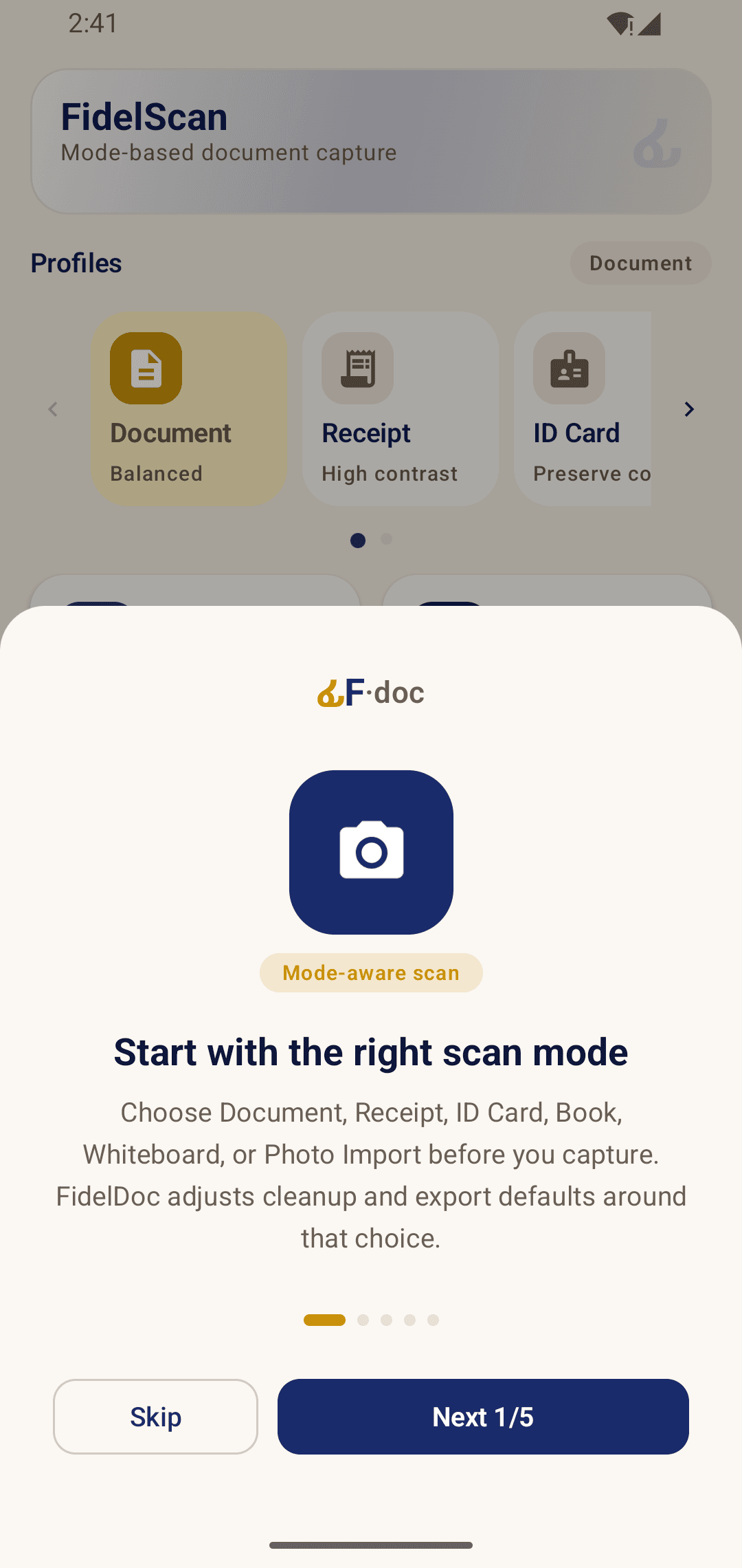 FidelDoc onboarding screen introducing mode-aware scan capture