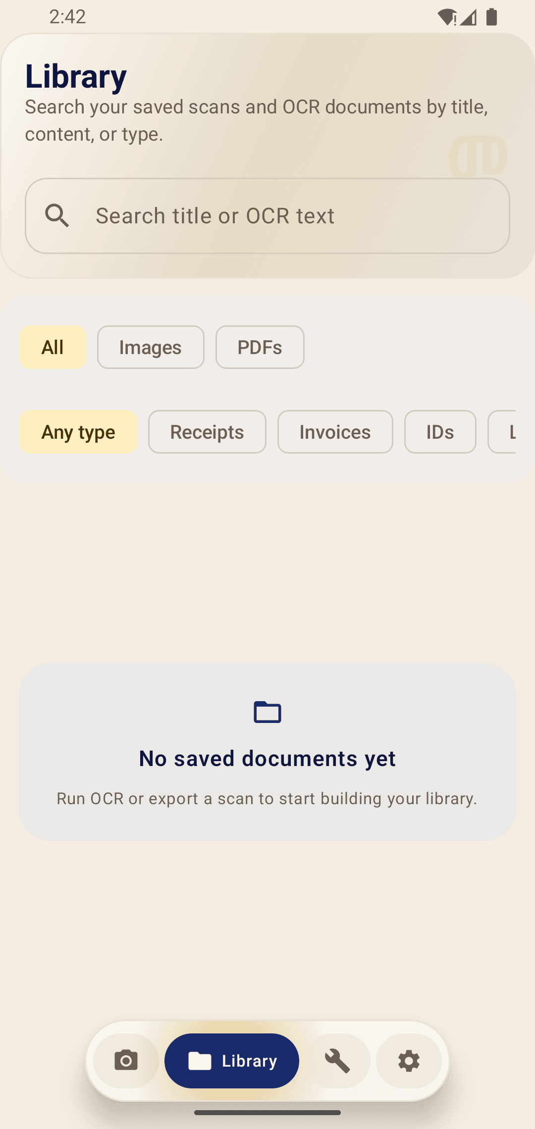 FidelDoc library screen with OCR search and document filters
