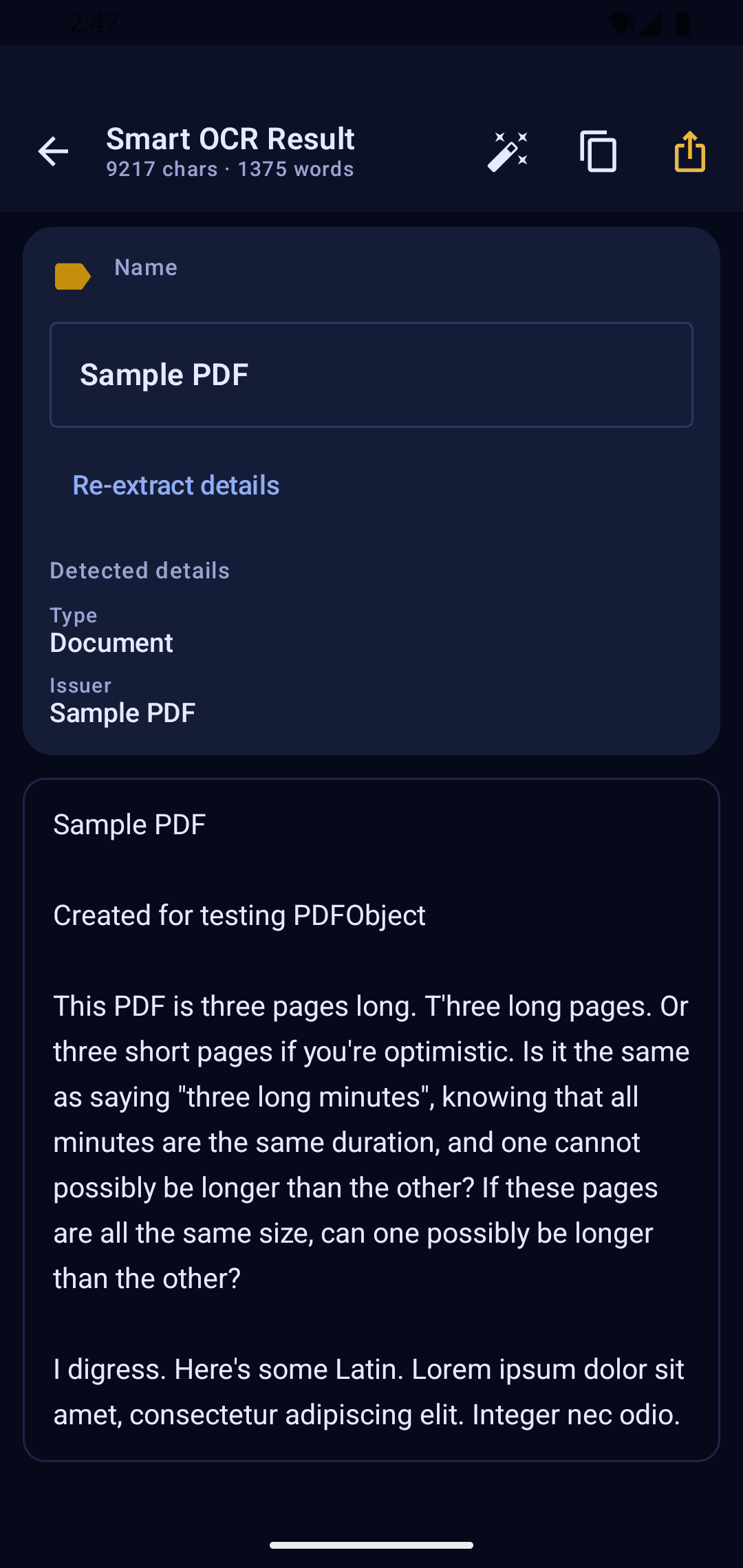 FidelDoc Smart OCR result screen showing extracted text