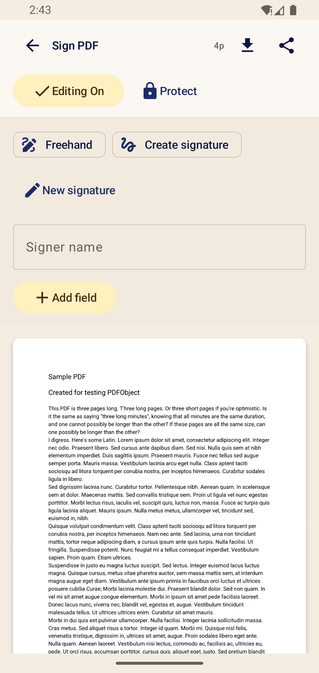 FidelDoc sign PDF screen with annotation and protection tools