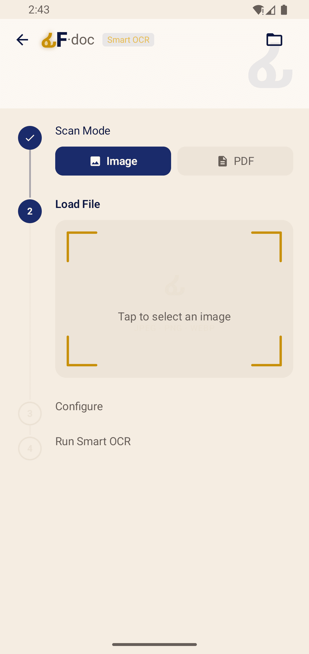 FidelDoc Smart OCR import flow for image and PDF files