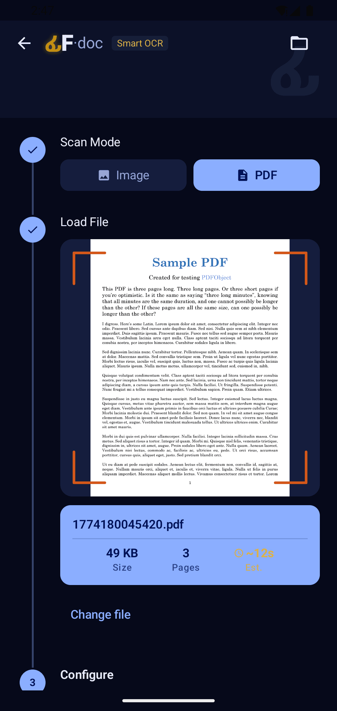 FidelDoc Smart OCR workflow previewing a PDF before recognition